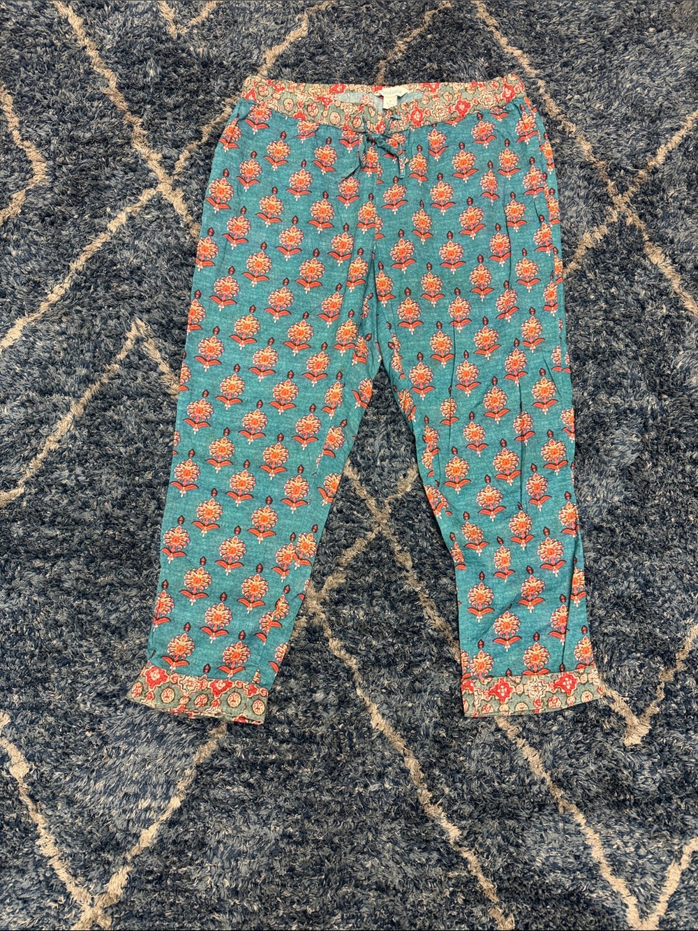 Sundance Teal Floral Drawstring Lounge Pants with Coral Accents